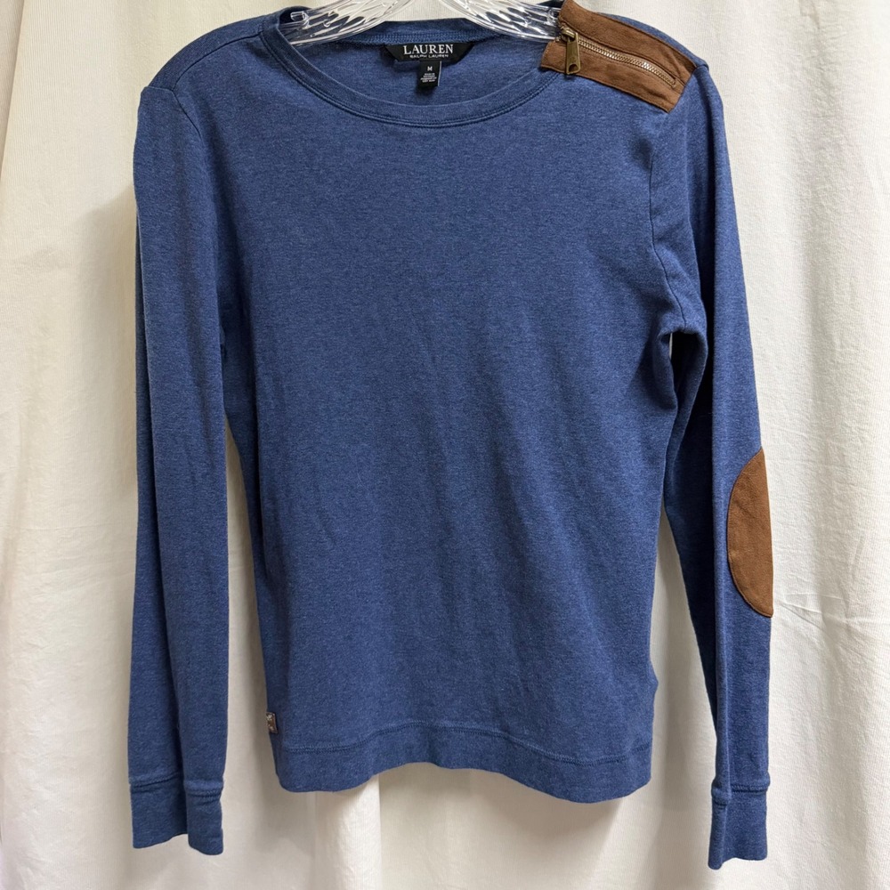 Lauren Ralph Lauren Blue Long Sleeve Top Faux Suede Elbow Patch Zipper Accent M